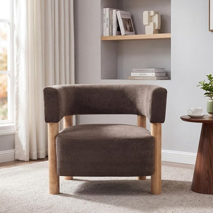 Christopher Knight Home Carly Low Profile Accent Chair, Boucle Upholstered Barrel Chair, Comfy Reading Chair for Bedroom, Wooden Single Lounge Sofa, Dark Brown