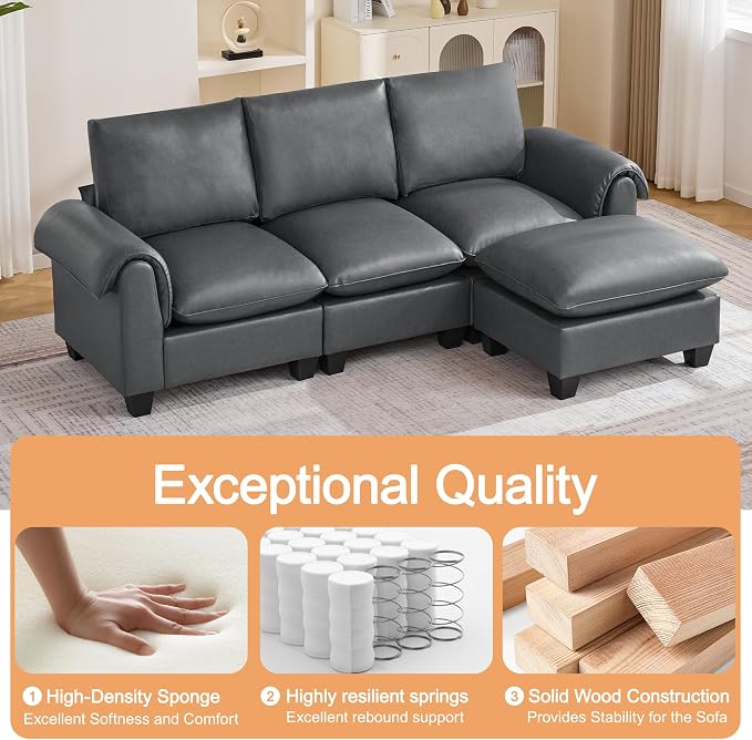 96" Faux Leather Modular Sectional Sofa with Movable Ottoman, Oversized 3 Seater Couch with Curved Armrests, Cloud Modern L-Shaped Sofa Deep Seat for Living Room, Grey