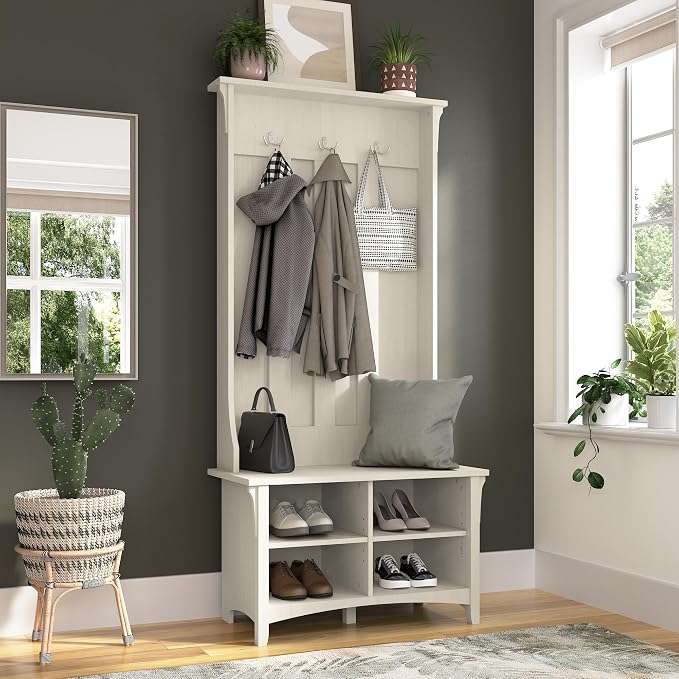 Bush Home Salinas Hall Tree with Shoe Storage Bench in Antique White, Multi-Purpose Home Organizer, Entryway Solution with Seating and Hooks