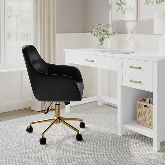 Martha Stewart Rayna Swivel Task Chair with Flared Arms for Home Office in Black Faux Leather with Polished Brass Frame