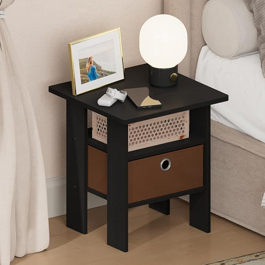 Furinno TIDUR 3-Tier Night Stand, Nightstand with Storage Bin, Americano | Open Shelf Design, Bedside Table, End Table, Side Table for Bedroom, Living Room