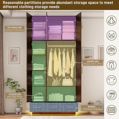Hlivelood Large Armoire Wardrobe Closet Cabinet with Drawers and LED Lights, Multi-Tier Shelves, Hanging Rod, Large Capacity Storage 3 Door Wardrobe Armoire with Top Cabinet for Bedroom, Brown