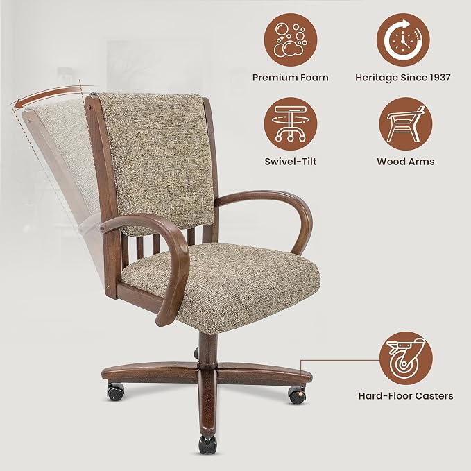Chromcraft Set of 2 Swivel-Tilt Dining Chairs with Casters, Upholstered Kitchen Chairs with Wooden Arms & Metal Pedestal Base, Premium Foam Comfort, Noriko Earth-Walnut