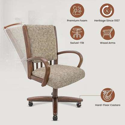 Chromcraft Set of 1 Swivel-Tilt Dining Chair with Casters, Upholstered Kitchen Chairs with Wooden Arms & Metal Pedestal Base, Premium Foam Comfort, Noriko Earth-Walnut