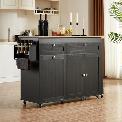 ONBRILL Kitchen Islands with Extendable Dining Table, 81.7" Mobile Kitchen Storage Islands, Rolling Kitchen Cart with Trash Cabinet, Power Outlet, Spice Rack & Towel Rack, Black