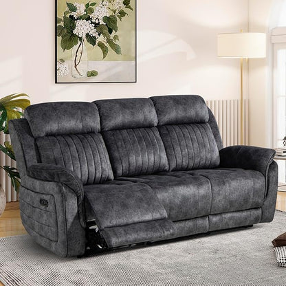 Power Reclining Sofa with Zero Gravity, Adjustable Headrest, Electric Reclining Couch with Wireless Charge, Outlets, Power Loveseat Recliner Sofa for Living Room (Grey, 3 Seater Sofa)