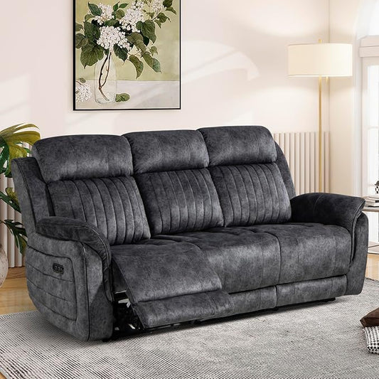 Power Reclining Sofa with Zero Gravity, Adjustable Headrest, Electric Reclining Couch with Wireless Charge, Outlets, Power Loveseat Recliner Sofa for Living Room (Grey, 3 Seater Sofa)