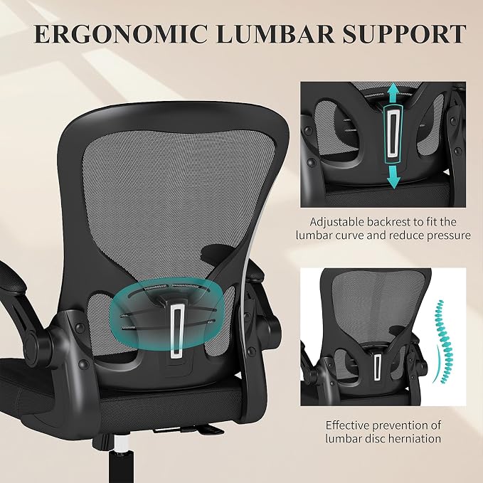 Flysky Mesh Office Chair, Ergonomic Computer Desk Chairs for Home Office - with Comfy/Comfortable Flip-up Arm Rests, Lumbar Support, Height Adjustable, 360 Degree Rolling Swivel (Black, 6 Pack)