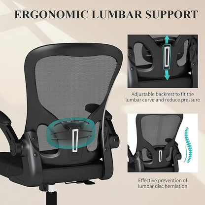 Flysky Mesh Office Chair, Ergonomic Computer Desk Chairs for Home Office - with Comfy/Comfortable Flip-up Arm Rests, Lumbar Support, Height Adjustable, 360 Degree Rolling Swivel (Black, 2 Pack)
