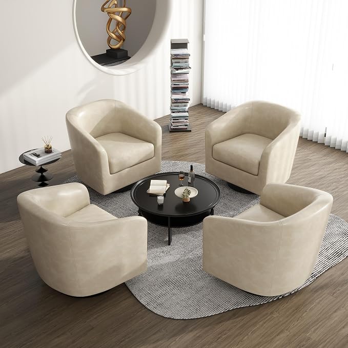 360° Swivel Barrel Accent Chair Armchair, PU Leather Round Club Arm Chair for Lving Room, Modern Upholstered Small Bedroom Single Sofa Seat - Cream, Set of 4