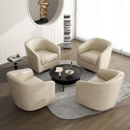 360° Swivel Barrel Accent Chair Armchair, PU Leather Round Club Arm Chair for Lving Room, Modern Upholstered Small Bedroom Single Sofa Seat - Cream, Set of 4