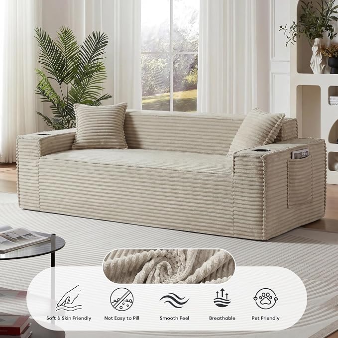 Boneless Sectional Sofa Couch with Cup Holders & Side Pockets, Modern Corduroy Fabric Deep Seat 3-seat Cloud Couch for Living Room Office, No Assembly (Camel)
