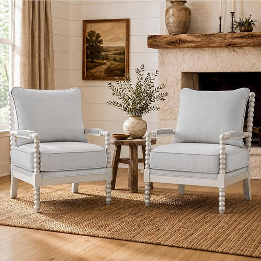 Morden Fort Linen Fabric Spindle Accent Chairs Set of 2, French Style Chairs with High Resilience Spring Cushion and Armrest Pads, Leisure Armchair for Living Room Bedroom Farmhouse Office Balcony