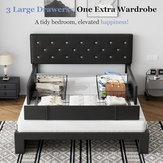 VECELO Full Size Bed Frame with 3 Storage Drawers, Leather Upholstered with Diamond Tufted Headboard, Solid Wood Slat Support & Steel Framework, Black