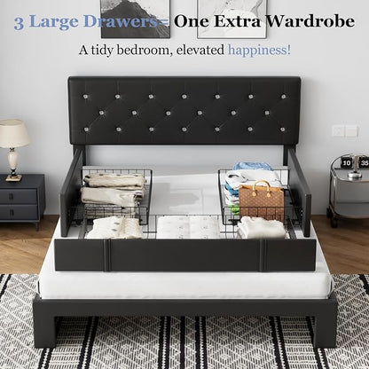VECELO Full Size Bed Frame with 3 Storage Drawers, Leather Upholstered with Diamond Tufted Headboard, Solid Wood Slat Support & Steel Framework, Black