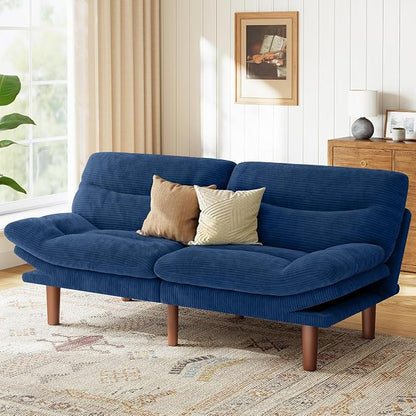 Marsail 66" Futon Sofa Bed, Convertible Corduroy Futon Couch with Adjustable Backrest & Armrests, Small Sleeper Sofa Loveseat for Living Room, Apartment, Blue