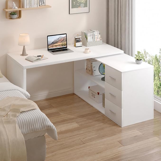 HSH White L-Shaped Computer Desk with 3 Drawers and 2 Shelves, Reversible Home Office Corner Desk for Writing Study Work Executive, 55 Inch Bedroom Wood Table Workstation Desk with Storage Cabinet