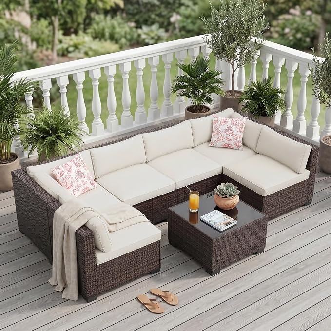 7 PCS Outdoor Sectional Furniture Set, Wicker Conversation Set Sofa, Brown | Freely combinable outdoor conversation sofa Weather resistant rattan wicker furniture Easy clean