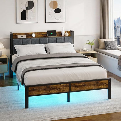 Liians Queen Size Bed Frame with Wood Headboard, Metal Platform Bed with USB Charging Station and Smart LED Lights, No Box Spring Needed, Easy Assembly