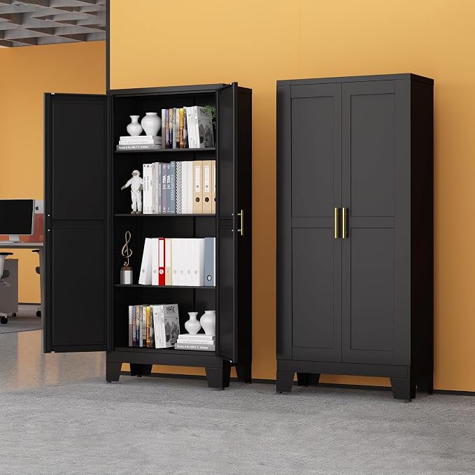 Black Metal Storage Cabinet, 61" Steel Cabinets for Home Office | Kitchen Pantry Storage Cabinet with Doors and 3 Adjustable Shelves, Metal Tool Cabinet, for Office, Home, Garage, School