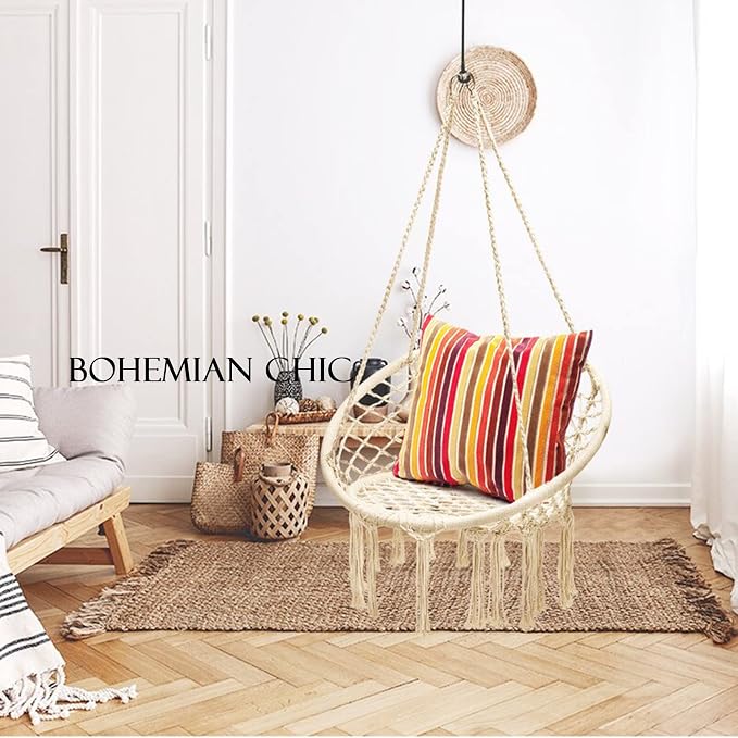 KASHAN Hanging Chair for Bedroom Hammock Chair Swing with Lights and Hardware Kits Holds up to 550Lbs Macrame Swing Chair Hanging Cotton Rope for Patio, Deck, Garden - Cushion Not Included