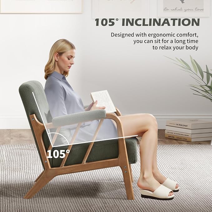INZOY Mid Century Modern Accent Chair with Wood Frame, Upholstered Reading Armchair with Soft Corduroy Fabric, Accent Chair for Living Room Bedroom Apartment, Easy Assembly, Green
