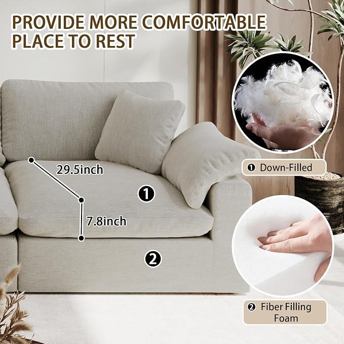 143" Cloud Modular Sectional Sofa,Light Beige Down Filled Sofa 4 Seat with Chaise,Minimalist Sofa Cover Washable and Replaceable Couches for Living Room,Sectional Sofa Deep Seat