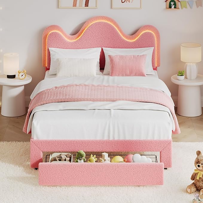 IDEALHOUSE Twin Bed Frame with LED Headboard and Under-Bed Drawer, Metal Upholstered Platform Bed with LED Light for Kids, Girls, Lamb Fleece Fabric, Wooden Slats Support, No Box Spring Needed, Pink