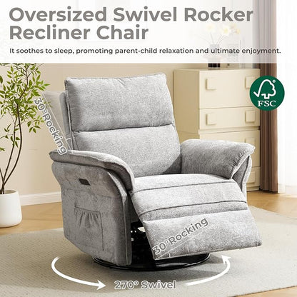 Oversized Power Recliner Chair Swivel Glider with Massage and Heat, Rocker Nursery Recliner for Adults with Adjustable Headrest, 24" Extra Wide Nursery Chair with Overstuffed Armrest,Light Grey