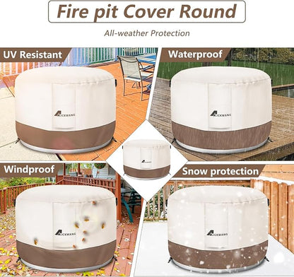 Fire Pit Cover for Solo Stove Bonfire,600D Tear-Resistant Heavy Duty Durable 100% Waterproof 20-22 Inch Smokeless Fire Pit Cover, Patio Weatherproof Gas Fire Pit, Beige 22"x16"
