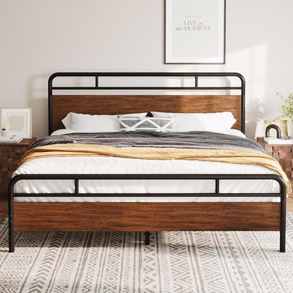 Allewie King Size Platform Bed Frame with Wooden Headboard and Footboard, Heavy Duty 13 Metal Slats Support, Under-Bed Storage, No Box Spring Needed, Noise Free, Easy Assembly, Walnut