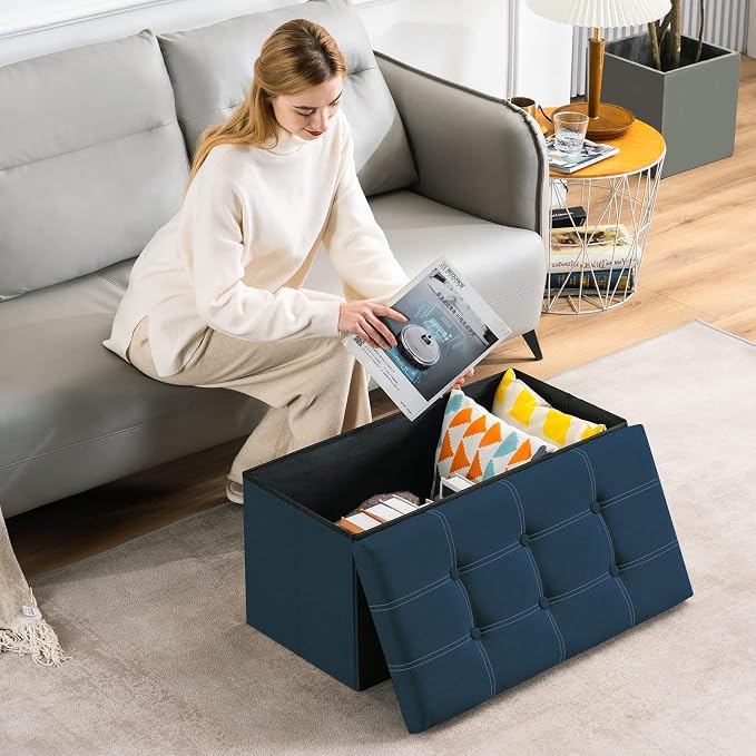 YOUDENOVA 30 Inch Storage Ottoman, Folding Ottoman with Storage, Linen Storage Ottoman Bench Supports Up to 350 lbs, Footrest Seat for Living Room, Bedroom, Blue