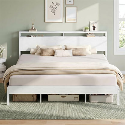 LIKIMIO King Bed Frame with Headboard, Wood Camas King with Strong Supports, Sturdy, Noise-Free, No Box Spring Needed, White