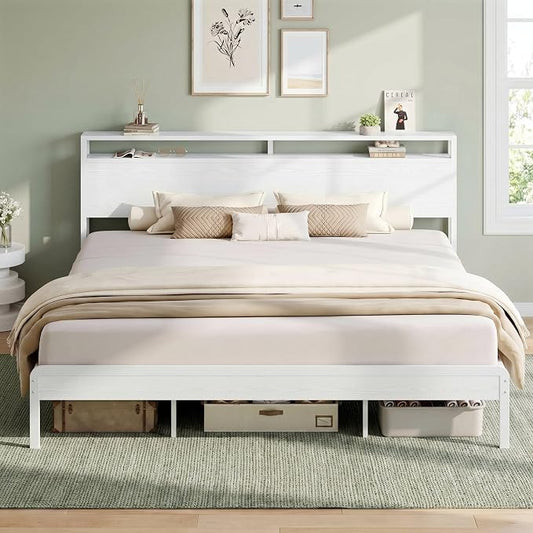 LIKIMIO King Bed Frame with Headboard, Wood Camas King with Strong Supports, Sturdy, Noise-Free, No Box Spring Needed, White