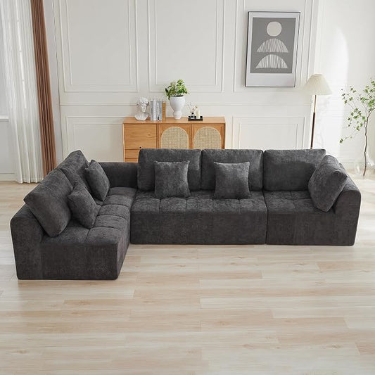 140''Modular Sectional Couches for Living Room, Cloud Boneless Compressed Sectional Sofa, Oversized L Shaped 5 Seater Upholstered Memory Foam Sofa, No Assembly, Chenille Grey