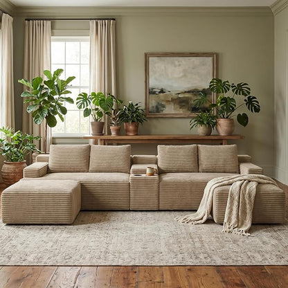 ivoros 140 Inch Modular Sectional Sofa Couch, Oversized Modern Cloud Couch for Living Room, U Shape Couches with 2 Ottomans and Cup Holders, Camel Corduroy Boneless Sofas, Sofa in a Box