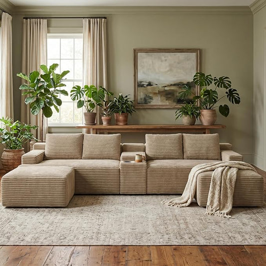 ivoros 140 Inch Modular Sectional Sofa Couch, Oversized Modern Cloud Couch for Living Room, U Shape Couches with 2 Ottomans and Cup Holders, Camel Corduroy Boneless Sofas, Sofa in a Box