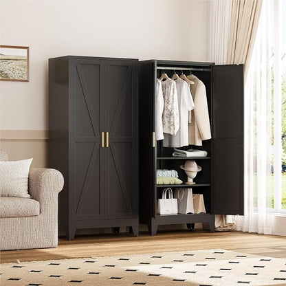 YAUWOH Farmhouse Wardrobe Cabinet,Metal Wardrobe Closet with Hanging Rod,Metal Armoire with Adjustable Shelves for Bedroom,Cloak Room,Office (Black)