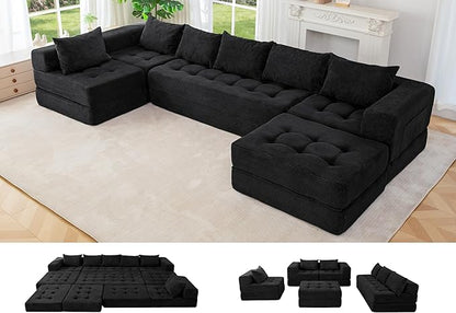 MAXYOYO Modular Sectional Sofa Couch, Foldable U Shaped Cloud Couch with Pillows, Tufted 7-Seat Boneless Lounger Floor Sofa Bed for Living Room, No Assembly Required, Black