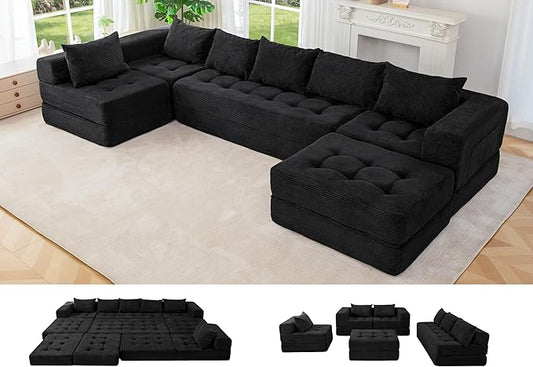 MAXYOYO Modular Sectional Sofa Couch, Foldable U Shaped Cloud Couch with Pillows, Tufted 7-Seat Boneless Lounger Floor Sofa Bed for Living Room, No Assembly Required, Black