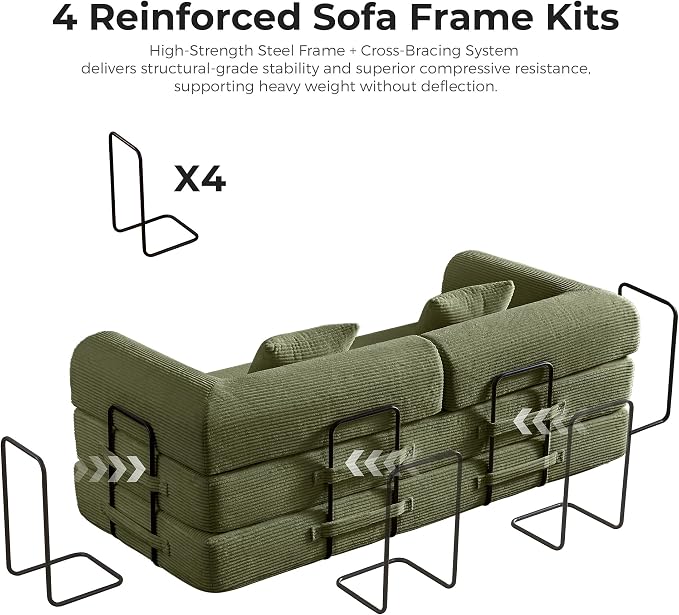79" 5-in-1 Convertible Sofa Bed No Assembly, Boneless Couch Bed with High Density Foam, Foldable Sleeper Sofa, Corduroy Modular Couch for Apartment, Studio, Dorm Room, Small Space, Light Green