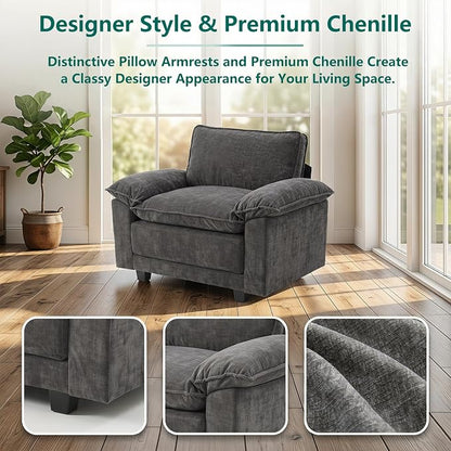 Modern Cloud Single Sofa, Comfy Chenille Couch for Living Room, Black | Cloud Couch，Comfortable Cushioning，Cozy Armrest Support，Modern Appearance，Easy Assembly, Sturdy Frame