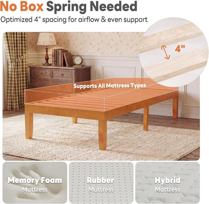 Sweetcrispy Twin Size Bed Frame 16 inch Heavy Duty Platform Bedframe, 500 lbs Capacity, Underbed Storage, No Box Spring Needed, Wooden Slats, Easy Assembly with Velcro, Honey Finish