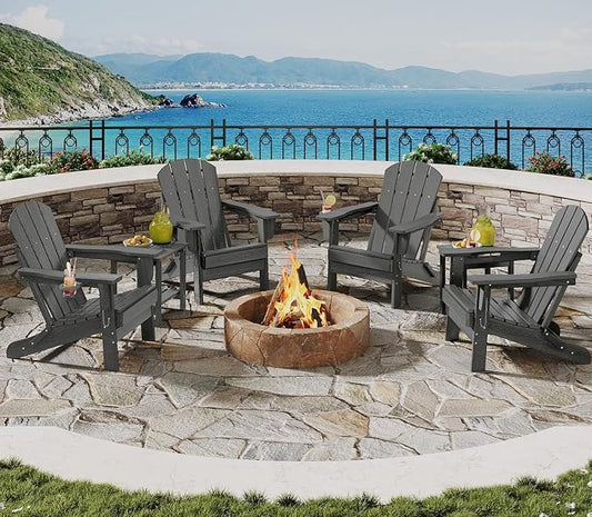 Folding Adirondack Chair Set of 4 with 2 Side Table, All-Weather HDPE Outdoor Chair, Wooden Textured with Cup Holder for patios, Decks, Gardens, fire pits, Grey