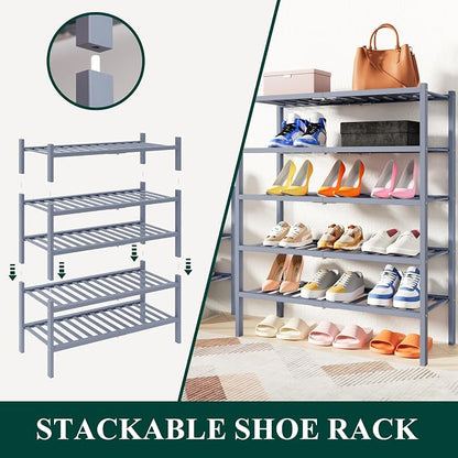 Smiry Small Bamboo Shoe Rack, 2 Tier Free Standing Wooden Shoe Organizer, Stackable Wood Shoe Storage Shelf for Closet, Entryway, 14 Vertical Slats, One-piece Heavy-Duty Legs, 17.3"x11"x13", Grey