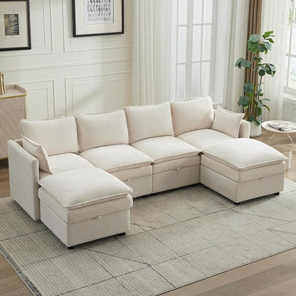105" Cloud 4 Seater Sectional Modular Couch with 2 Storage Ottoman, Upholstered Storage Sofa Modern Couch Deep Seat, Chenille U Shape Sofa Comfy Couches with Armrests for Living Room, Beige