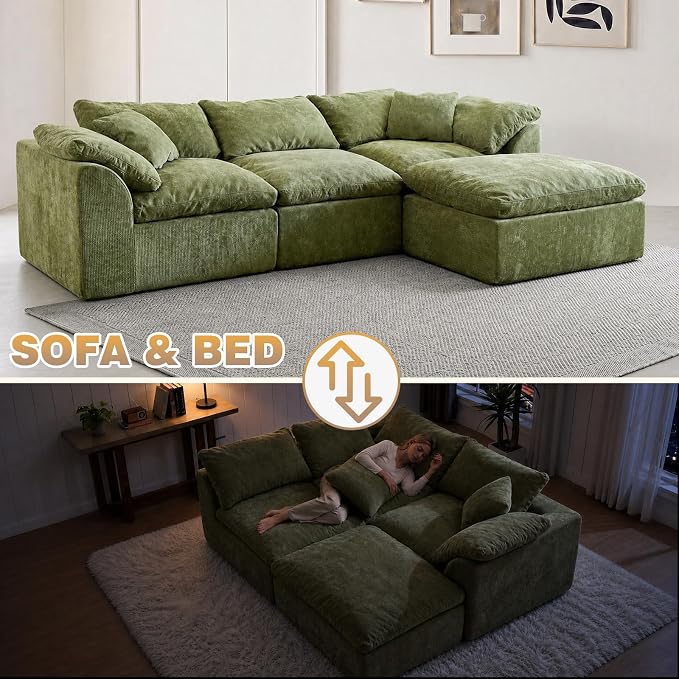 110" Boneless Cloud Couch Sectional for Living Room, Oversized Modular L Shaped Sofa with Ottoman, Deep Seat Chenille Sectional Couch for Cloud-Like Comfort (OliveGreen)