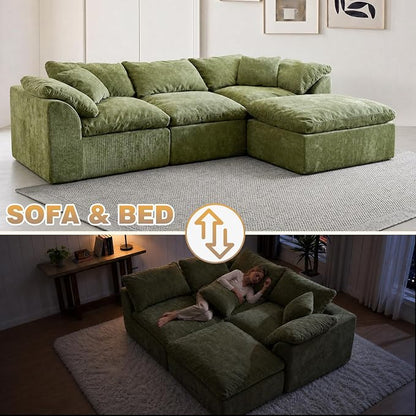 110" Boneless Cloud Couch Sectional for Living Room, Oversized Modular L Shaped Sofa with Ottoman, Deep Seat Chenille Sectional Couch for Cloud-Like Comfort (OliveGreen)