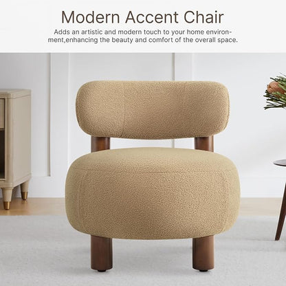 Modern Boucle Accent Chair, with Plush Faux Sherpa Upholstery, Curved Backrest, Solid Wood Legs for Living Room Bedroom Reading Nook, 27.5", Camel