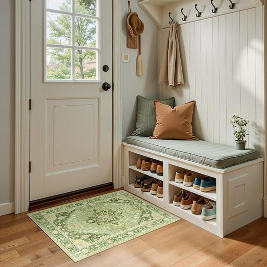 RELEANY Area Rugs Small 2'x3' Washable Non-Slip, Floral Vintage Distress Medallion Carpet for Kitchen Entryway Bathroom, Sage Green Yellow